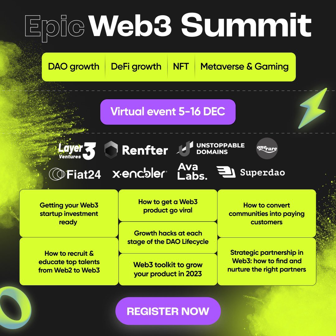 cultosapp's tweet photo. Cultos is thrilled to be partnering with @epicweb3 ! The summit starts today, December 5th-December 16th.
#Cultos #EpicWeb3Summit #DAOgrowth #NFT #Metaverse #Gaming https://t.co/E8BdsD0bVK