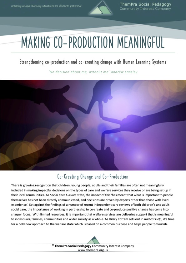 Co-production is a phrase that used all the time, but how do we make sure that we're doing what it says on the tin?  Come and join me and ThemPra to find out how social pedagogy and the Human Learning System can make it so.  Starts end of January, contact us for details😃❤️🤲