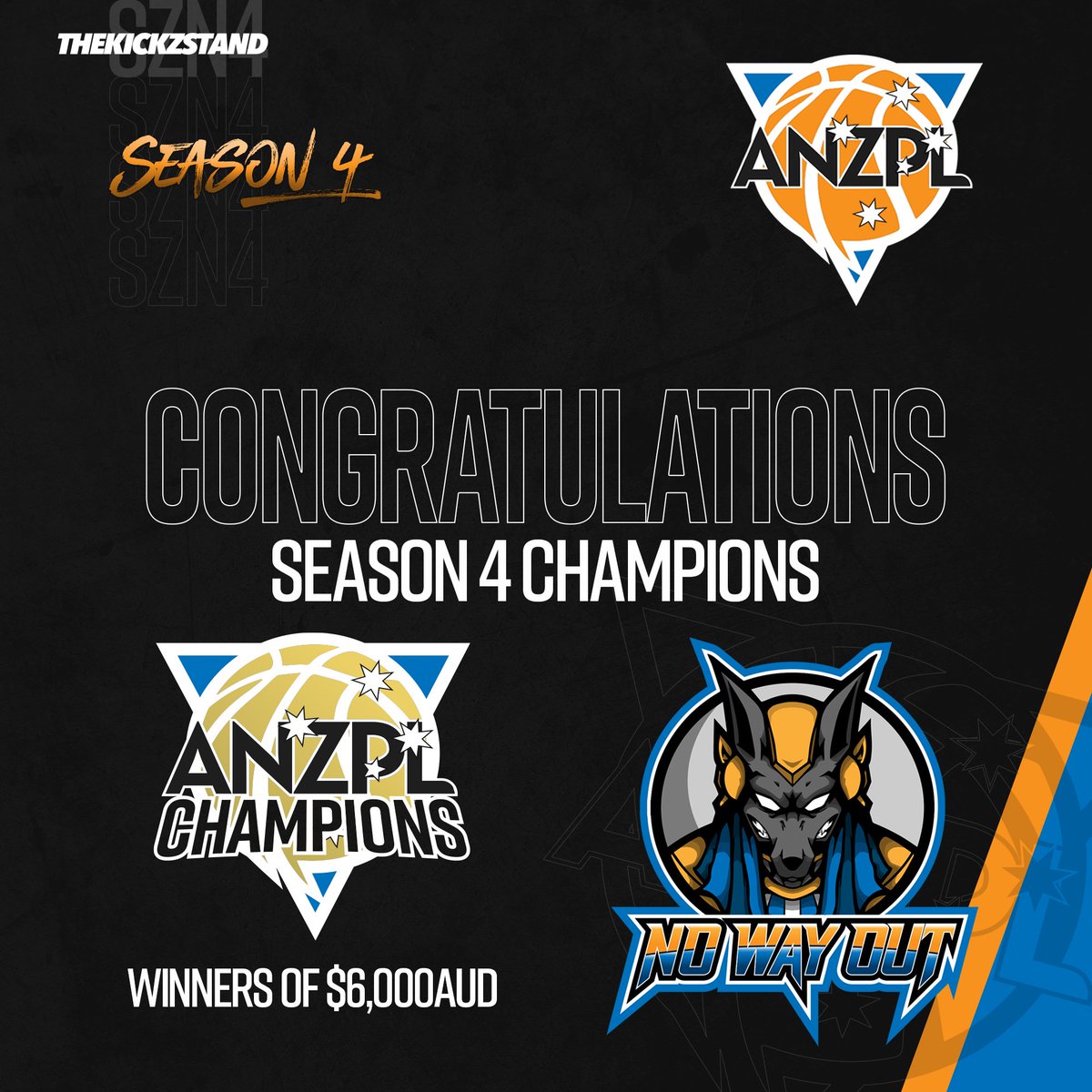 .<a href="/ANZPL2K/">ANZPL</a> Season 4 Champions 🏆

Congratulations to <a href="/NoWayOutESC/">No Way Out</a> 

Winner of $6000AUD 💰💰💰

Thank you to everyone who participated and helped out in Season 4.

We will be back for Season 5 in 2023!

#ANZPL2K
#TheKickzStand