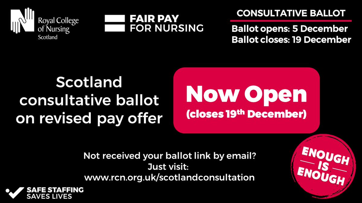 Today, our ballot of members working in the NHS opens to ask if they accept or reject the most recent revised pay offer. If you haven't received your invite to participate, just visit rcn.org.uk/scotlandconsul… to have your say #FairPayForNursing