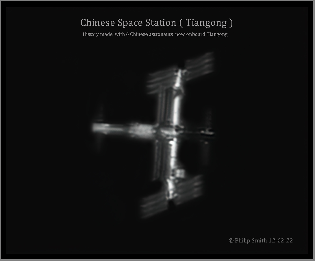 New image of History made  with 6 Chinese astronauts  onboard Tiangong. I hand the rare opportunity to record this HISTORY over my home. I imaged the Chinese Space Station ( Tiangong ) 12-02-22 Max 80° 5:55pm EST in average seeing conditions from my Manorville NY Observatory. :-)