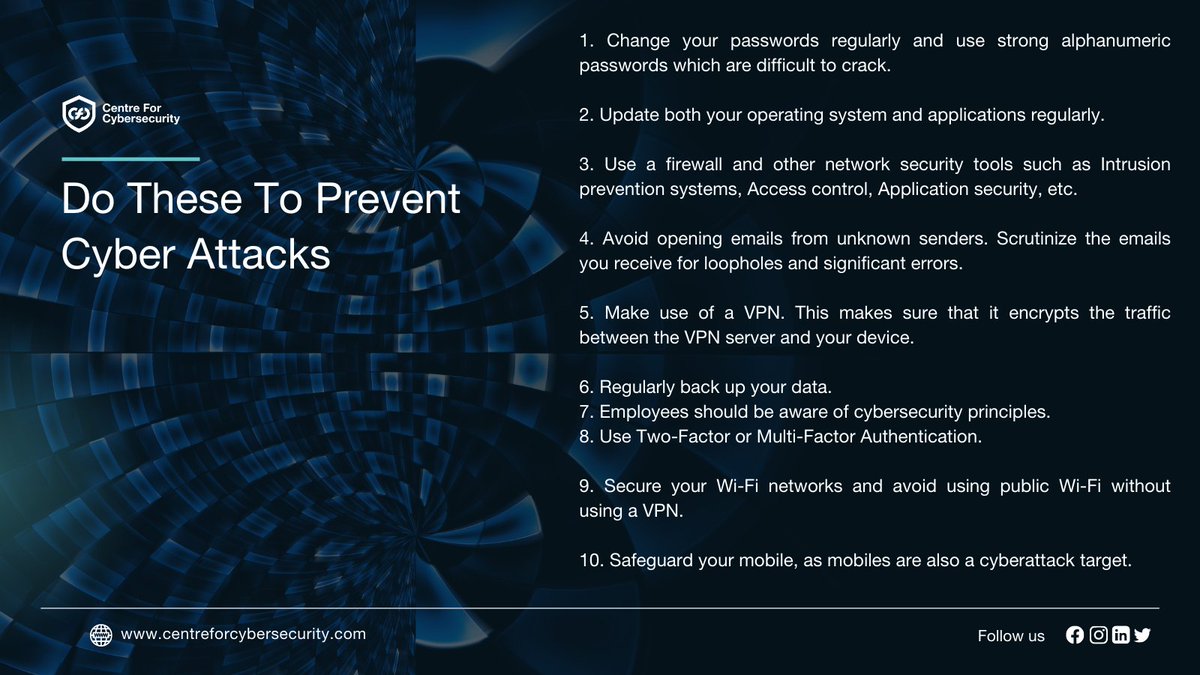 CentreForCyber's tweet image. Make sure you protect yourself from a cyber attack by following these tips.
Book a FREE info session and know everything you need to get started your cybersecurity career 🚀 centreforcybersecurity.com/infosessions
#cyberattackers #cyberattacknews #cyberattackprotection