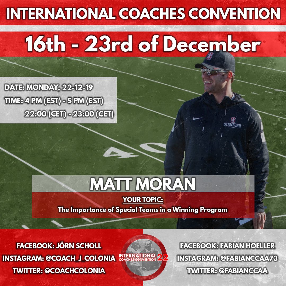 CoachColonia's tweet image. The 12th Coach of the ICC is a special teams mastermind: 

Coach @Matt_Moran_ coached eight years for the Div I Program Stanford Cardinals. He is the founder of Spec Ops Special Teams and helps coaches all over the Country succeed at special Teams.