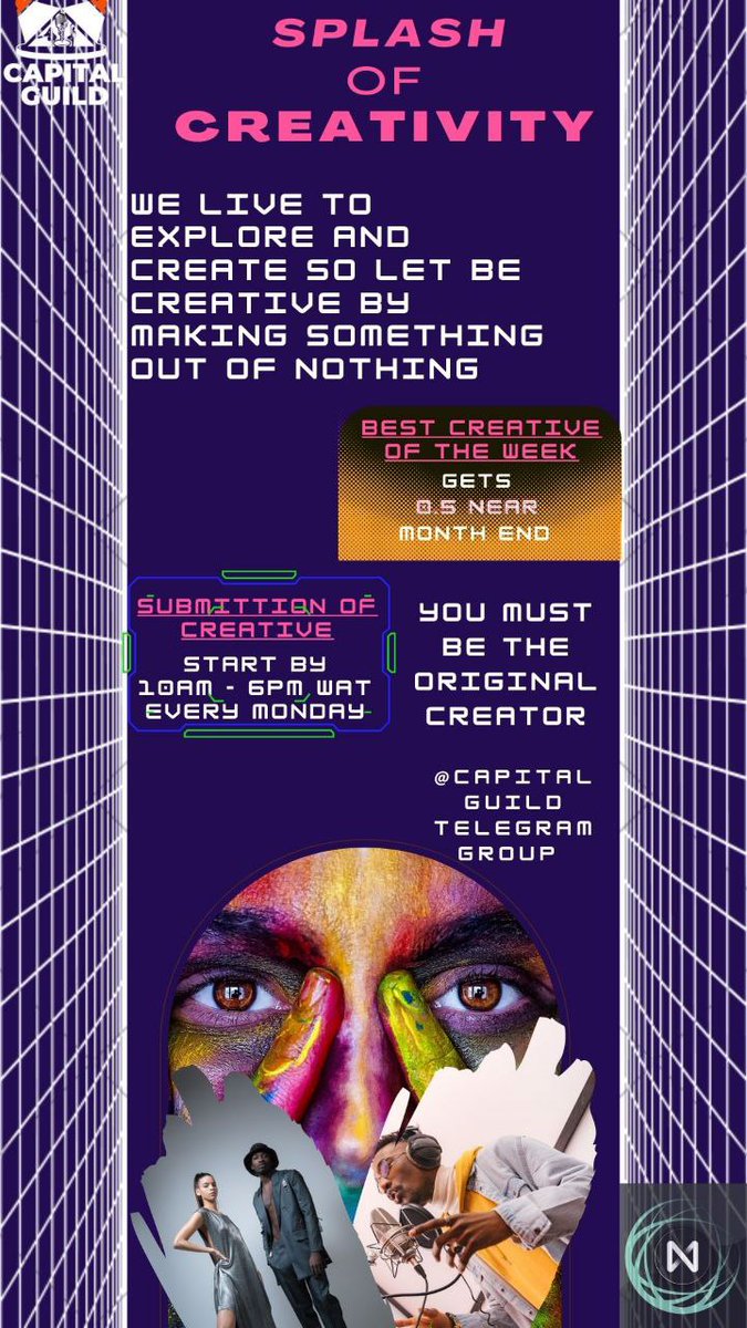 capital_guild's tweet photo. Showcase your creativity in your music or art work or modeling.
Best creative gets 0.5 near reward and you must be the original creator.
Submission starts from 10am-6pm on our telegram group.
Let's get creative!!!
@NEARFoundation @creativedao @NEARProtocol @dum_unu @tnesociety https://t.co/CWSsyFjf3L