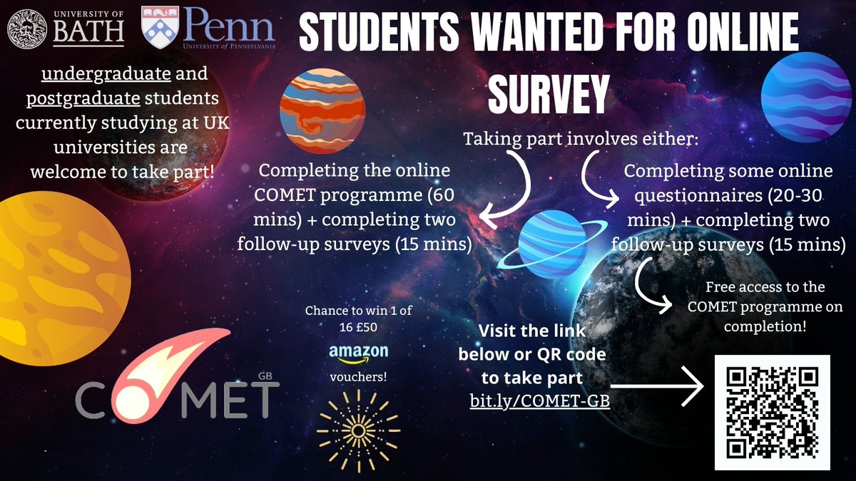 Looking for UK-based #undergraduate, #postgraduate and #doctoralstudents to take part in COMET-GB, an online intervention designed to improve your #mentalhealth 🖥 bit.ly/COMET-GB 

Take part and be entered in a prize draw to win 1 of 16 £50 Amazon vouchers! #StudentLife