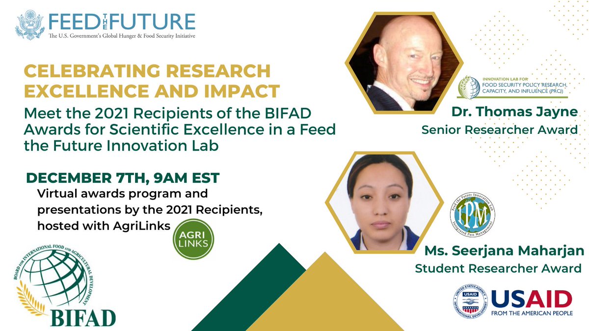 FeedtheFuture's tweet image. Join #BIFAD, @USAID and #FeedtheFuture Innovation Labs @IPM_IL and @foodsecuritylab on Weds, Dec 7 at 9:00 AM ET to meet two award-winning researchers who are driving innovation in agriculture, nutrition and food systems through policy and research. RSVP: ow.ly/4x0m50LTVGY