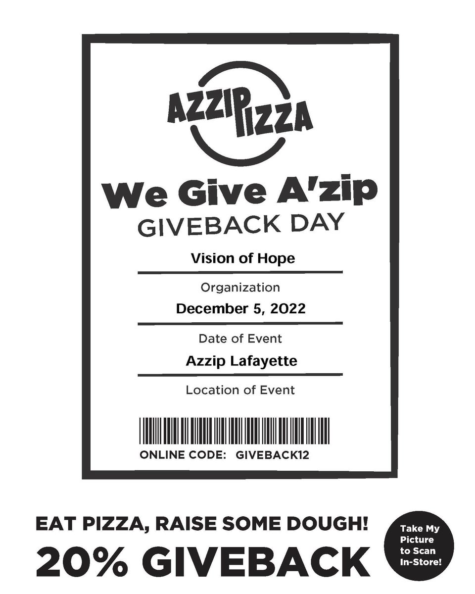 vohlafayette's tweet photo. It's AZZIP giveback day! 
Visit AZZIP on 105 Farabee Dr S, Lafayette, IN 47905 to have 20% of what you pay go to benefit Vision of Hope ministries! Thanks for your support! Be sure to give them the code: GIVEBACK12!
#AZZIP #Giveback https://t.co/e2XzywYLbT
