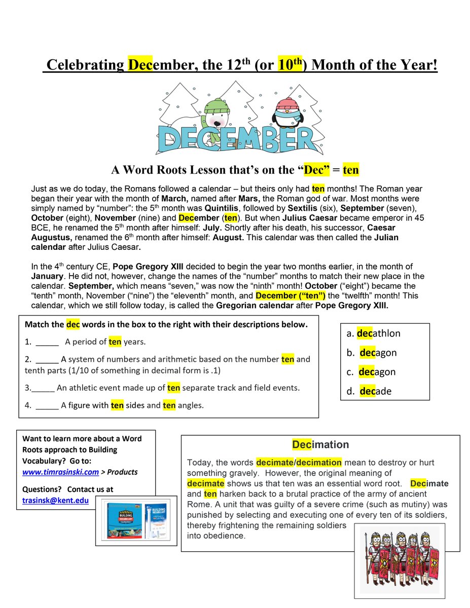 Morphology Monday!  DEC = 10
If the "Dec" word root means 10, why is December the 12th month of the year?   See below.  
<a href="/ILAToday/">ILA</a> @ascd  <a href="/ncte/">National Council of Teachers of English (NCTE)</a> <a href="/DyslexiaIDA/">International Dyslexia Association</a> <a href="/reading_league/">The Reading League</a> @readingrockets
