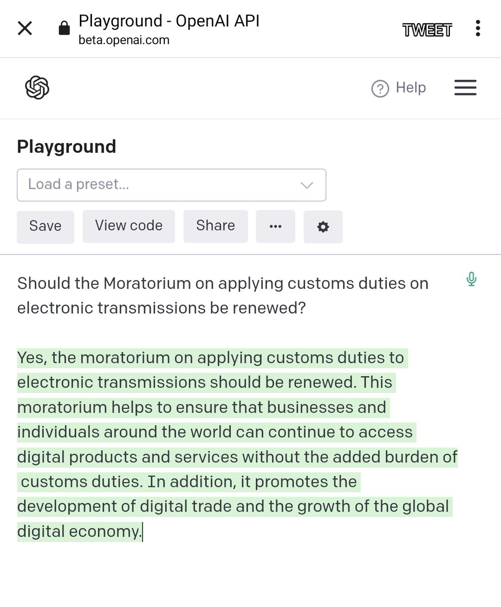 jlopezgonzalez1's tweet photo. Jumping on the bandwagon:

GTP-3 has spoken (unequivocally). 

The moratorium on applying customs duties on electronic transmissions should be renewed!

@AndrenelliA our work is done here... Hehe https://t.co/NDypAJCZem