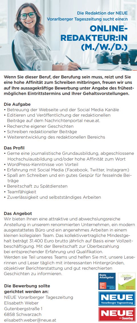 Wir suchen Verstärkung für unser Team bei der <a href="/NEUEVT/">NEUE Vorarlberger Tageszeitung</a>!