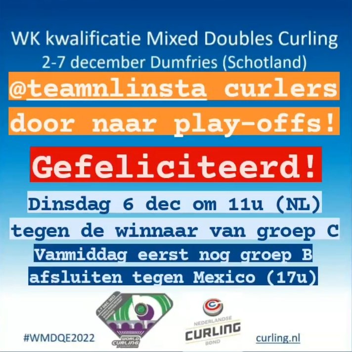 Curlingbond's tweet photo. Nederlandse curlers naar play-offs! Met nog een wedstrijd te spelen (Mexico vanmiddag 17u) is team Bomas/Gösgens al zeker van de play-offs. Dinsdag 11u tegen winnaar van groep C. 8 landen spelen om 4 tickets voor het WK mixed doubles. #WKKwalificatie #WMDQE2022 @TeamNLtweets https://t.co/NNPx59d6Cq