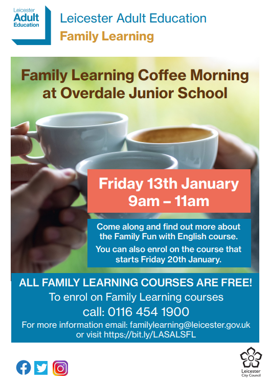 Family Learning - Developing speaking and listening skills in English. Free course starting January 2023. Come along to our coffee morning Friday 13th January 9am-11am to find out more and enrol.