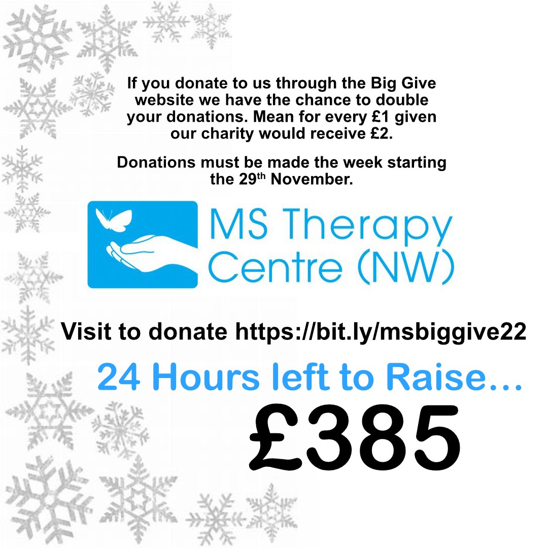 MSTherapyNW's tweet photo. Last 24 Hours and only £385 left to raise https://t.co/kXCahhDM0O to help us break the target. #ChristmasChallenge22 #BigGive22 #Charity https://t.co/0qPh1FQz3t
