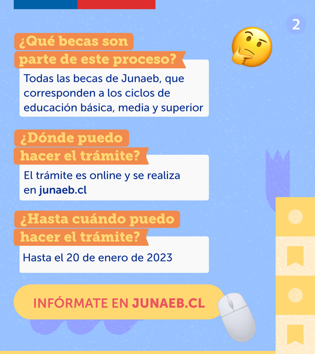 junaeb_nuble's tweet photo. 📣¡HOY HOY HOY!  

Abrimos el proceso de renovación y postulación de #BecasJunaeb 2023  

#Renuévate y haz el trámite online 💻 entre el 5 de diciembre y 20 de enero  

👉 Revisa becas y condiciones en https://t.co/GSUFVElwxI 

#BecasJunaeb #JunaebContigo #Mineduc #Becas https://t.co/3HS7hoVJav