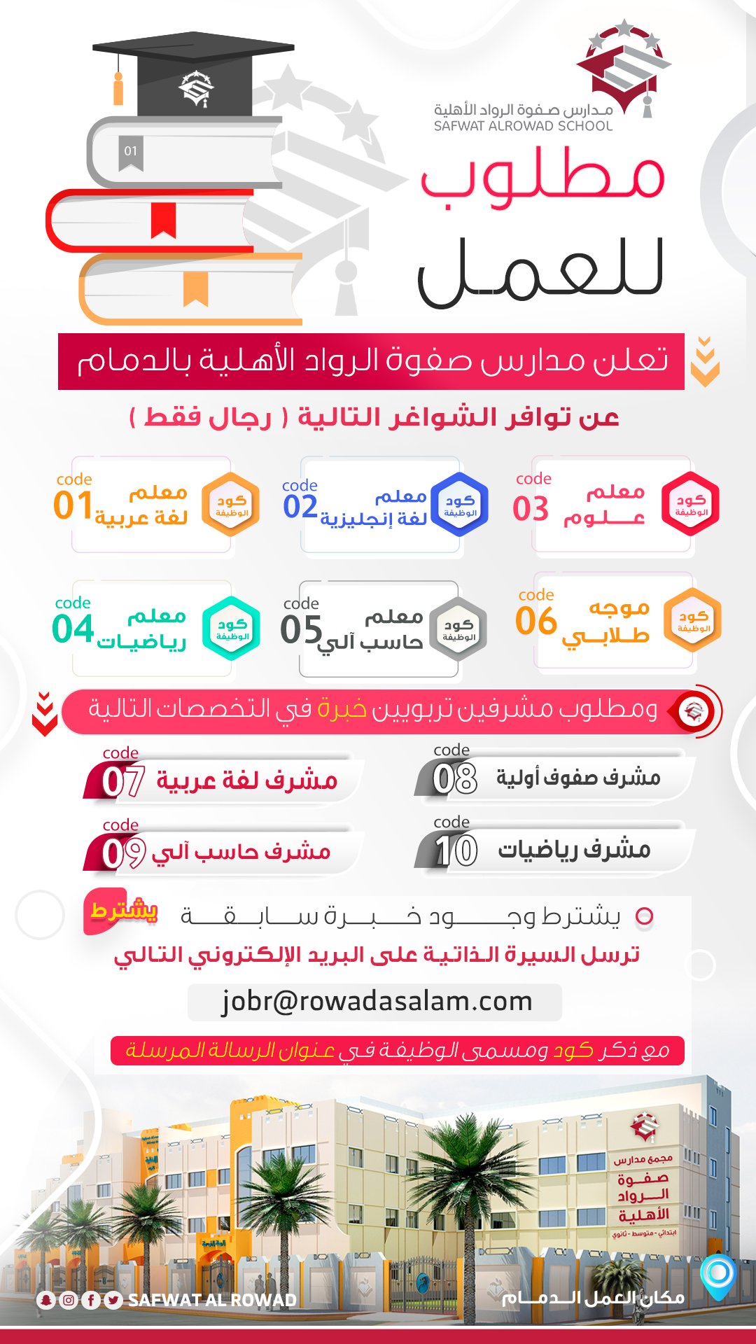 🔴 | وظائف تعليميه بالدمام

تعلن #مدارس_صفوة_الرواد بالدمام عن  وظائف تعليمية

▪︎المسار الدولى
- معلم علوم
- معلم انجليزي
- معلم رياضيات
- معلم لغة عربية 
- معلم حاسب آلي
- موجه طلابي 

▪︎المسار الاهلى 
- مشرف صفوف أولية
- مشرف رياضيات
- مشرف لغة عربية
- مشرف حاسب آلي 

...