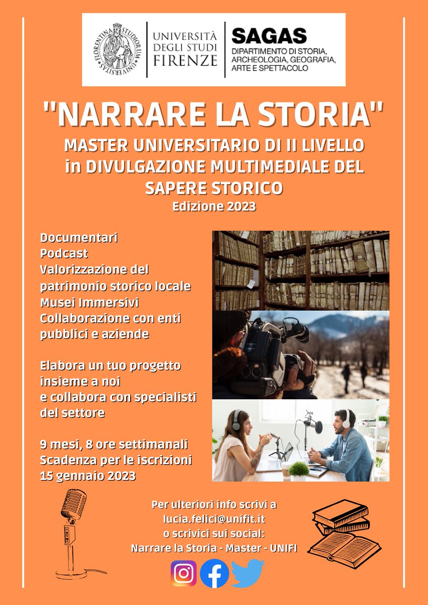 la_unifi's tweet photo. Come si realizza un documentario? 
Come posso iniziare un Podcast?
Come posso aiutare a  valorizzare e far conoscere il patrimonio storico del mio comune? 
Come si realizza un Museo Immersivo?
Come posso aiutare un'azienda a conservare e valorizzare il proprio patrimonio storico? https://t.co/CEr80nzn1t