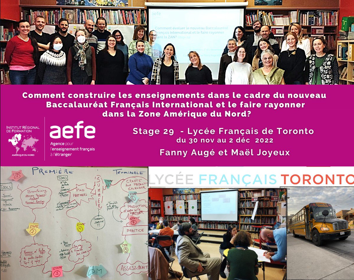 [Formation continue #AEFE ZAN🇨🇦🇺🇸] 

📚 Bac Français International #BFI

> Cadre institutionnel
> Enseignement #ConnaissanceDuMonde
> #Échanges de pratiques
> Création de #ressources

🌎Stage animé en #présentiel par <a href="/AugeFanny/">Fanny AUGÉ HERMON-DUC</a> et <a href="/Mael__Joyeux/">Maël JOYEUX</a> au <a href="/LyceeFrancaisTo/">Lycée Français de Toronto</a> (30/11 au 1/12)