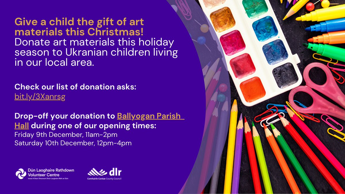 VolunteerDLR's tweet photo. We're teaming up with @dlrcc to run a Christmas Donation Hub to collect items for Ukrainians in our local area.

📱Check what's needed: https://t.co/0YV4YYrdFi 

🧭Drop donations to Ballyogan Parish Hall

⏰ Limited Opening Times:
• Fri 9 Dec 11-2 
• Sat 10 Dec 12-4.

Please RT https://t.co/eD6AXNolWN