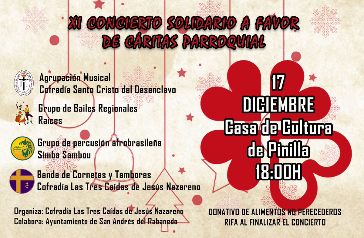 𝑿I 𝑪𝒐𝒏𝒄𝒊𝒆𝒓𝒕𝒐 𝑺𝒐𝒍𝒊𝒅𝒂𝒓𝒊𝒐 𝒂 𝒇𝒂𝒗𝒐𝒓 𝒅𝒆 𝑪𝒂́𝒓𝒊𝒕𝒂𝒔 𝑷𝒂𝒓𝒓𝒐𝒒𝒖𝒊𝒂𝒍
📅 Sábado 17 diciembre 2022
⏰18:00h
📌Casa de Cultura de Pinilla
🔗 Recogida de alimentos a favor de Cáritas Parroquial.
🔗Durante el concierto se llevarán a cabo diferentes rifas.