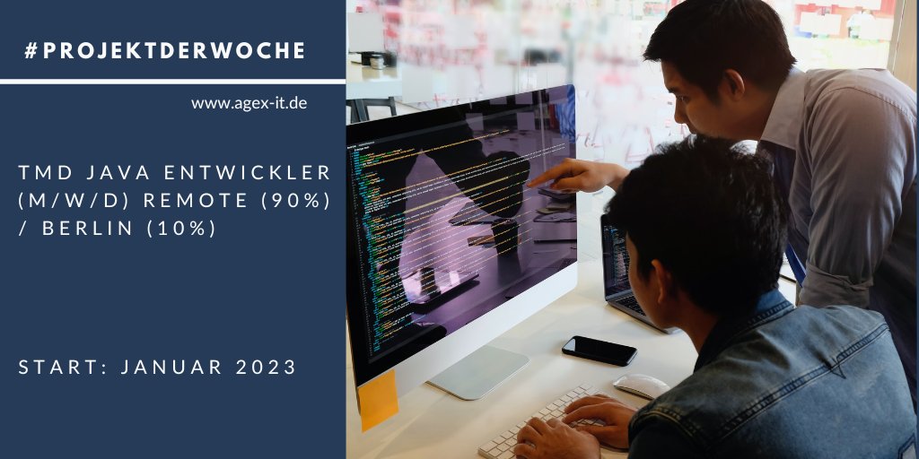 agex_IT's tweet photo. #ProjektderWoche: Für unseren Kunden suchen wir einen TMD Java Entwickler (m/w/d) Remote (90%)/ Berlin (10%).Zum #ITProjekt: https://t.co/1WhY2bYrdJ
#Cloud #Developer #Javaentwickler #Softwareentwickler #SPRING #SQL #freelancing #freelancer #TMDArchitekt #JavaStack #projekt https://t.co/qE8jm2lrfu