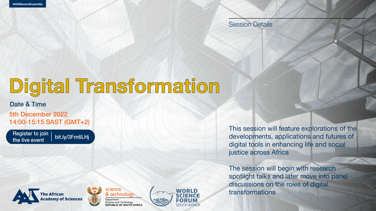 AASciences's tweet photo. The next #AASGeneralAssembly session will examine #DigitalTransformation in Africa and provide an overview of the trends, challenges, and opportunities it presents in enhancing lives in Africa
Starting now‼️
Link👉 https://t.co/gBne1nWBad
@dsigovza
@WorldSciForum https://t.co/gUA9FQXKyx
