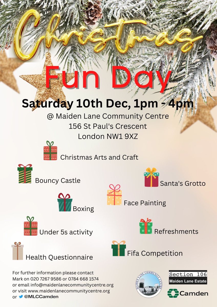 #xmas #funday ⁦<a href="/MLCCamden/">Maiden Lane Community Centre</a>⁩ #xmasartsandcrafts #santasgrotto #bouncycastle #under5sactivity #refreshments #allwelcome #fifacompetition on Sat 10th Dec, 1pm - 4pm