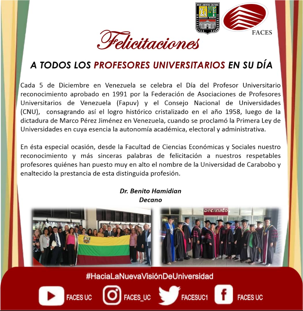 #5nov Desde <a href="/facesuc1/">faces_uc</a> felicitamos y otorgamos un grato reconocimiento a quienes con su labor y esfuerzo diario, comparten conocimientos, dedicación, respeto y amor, hacia la juventud estudiantil, siempre poniendo en alto el nombre de nuestra <a href="/UCarabobo/">Universidad de Carabobo</a>
Dr. Benito Hamidian
Decano