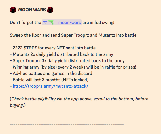 TrooprzArmy's tweet photo. GM! GM! @trooprzarmy 

Check out Discord for the Monday review:

https://t.co/xbnEFNySzr

✅ Staking platform fixed
🔥 Moon Wars in full swing
💰 Visit the Merchant to buy or sell with $TRPZ
⚽️ Last Man Standing hotting hot!

https://t.co/eSqq4V3Rya

#CroFam #Troopz #NFTCommunity https://t.co/4SPisQjTVh