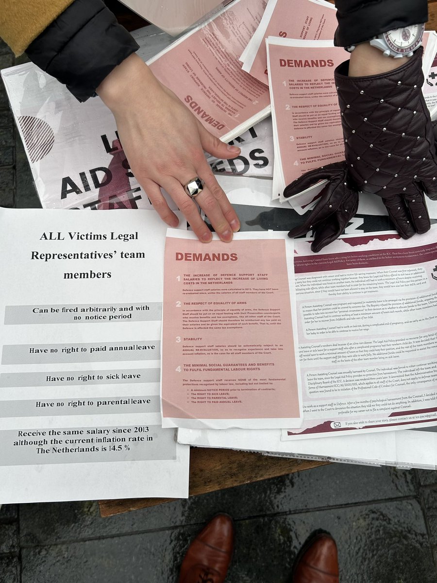 #Accountability: defence and victim representatives protesting outside the #ASP21 about labor rights, working conditions and fair trial rights