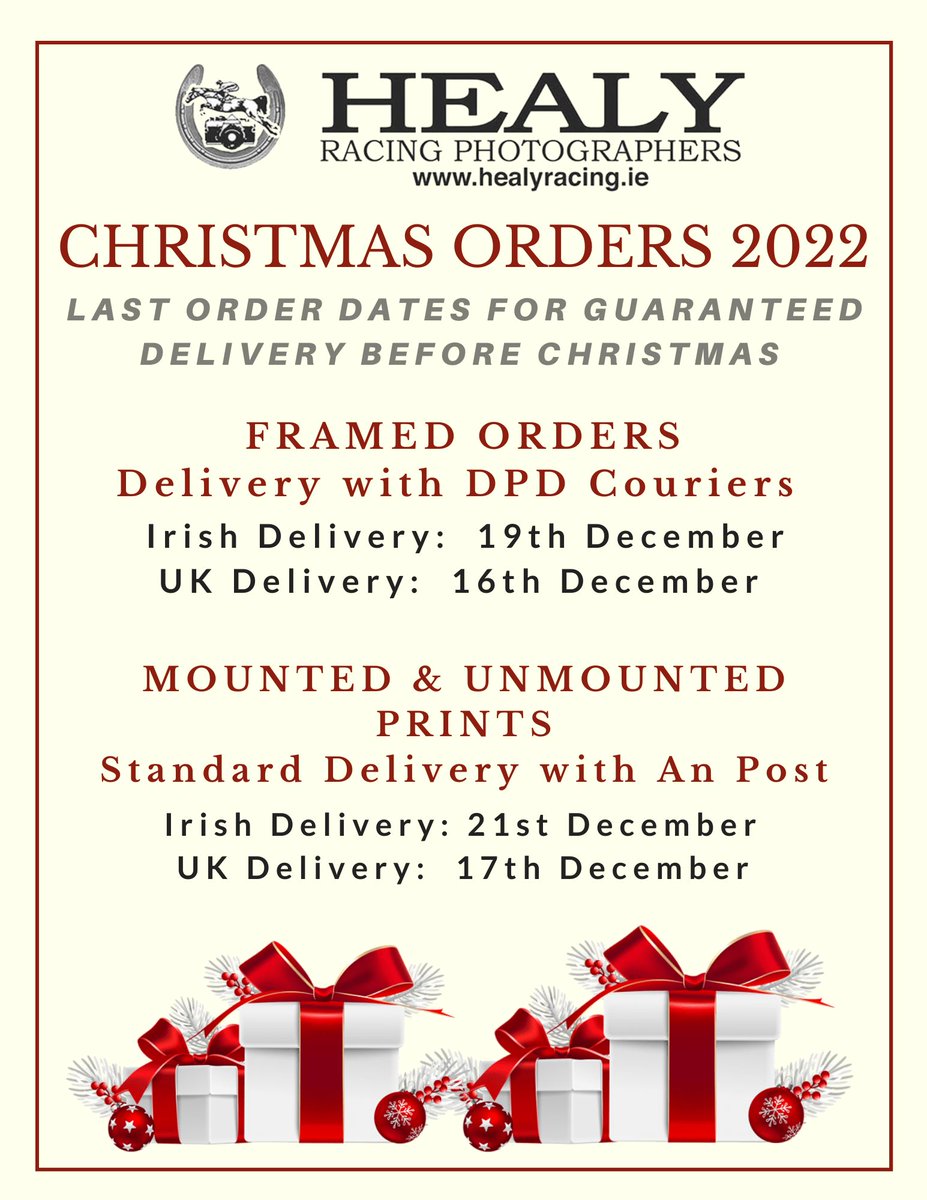 "NOT LONG TO GO" here is our cut off dates for Christmas 2022 Folks for guaranteed delivery.🎅🎅
healyracing.ie #christmas2022 #HealyRacing