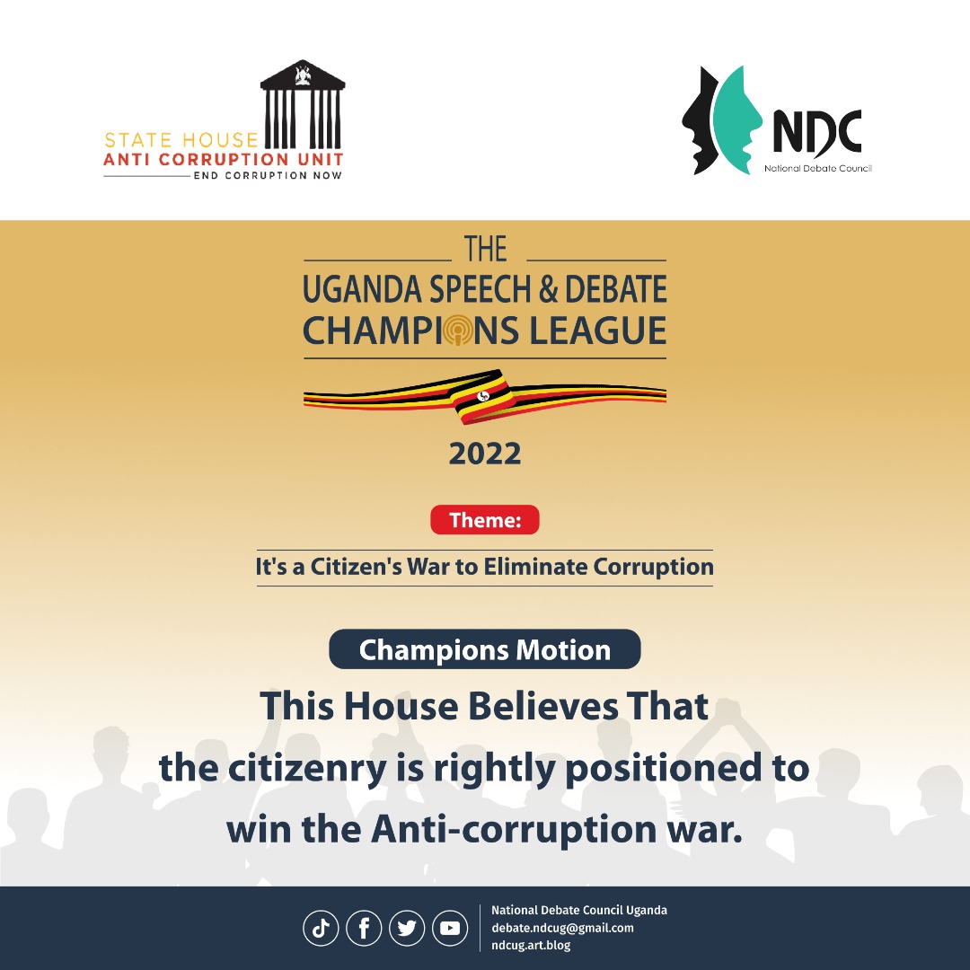 At the #USDCL22 Final, Mengo Senior School battles Nyakasura School for the Title of Champion of Champions.

Affirmative: Mengo Sen. Sch
Negative: Nyakasura School

@AntiGraft_SH @OAG_Uganda @IGGUganda @PPDAUganda
 
#CorruptionIsWinnable 
#CitizensAgainstCorruption