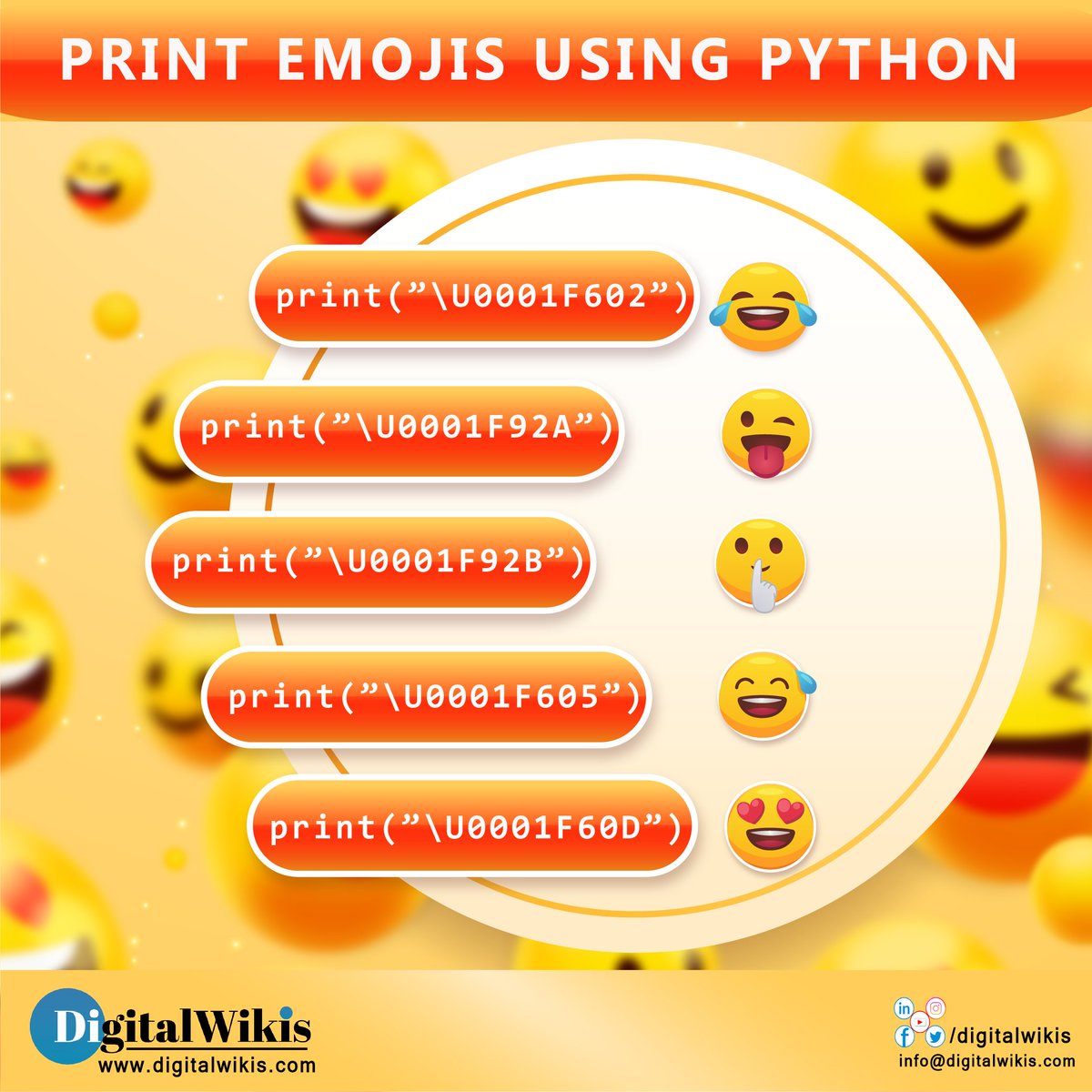 DigitalWikis's tweet photo. Here you go, you can Print Emoji's using Python
#Python
#Emojis
#Print
#Emoji
#Programminglife
#Learntocode
#InformationTechnology
#DigitalWikis
#Codinglife
#Codingtips
#ITtips
#Software
#Informative
#Programming https://t.co/ExW46cacbu