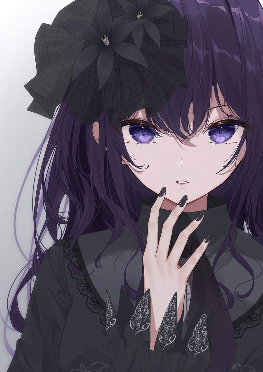 1girl flower solo black flower purple hair black nails looking at viewer  illustration images