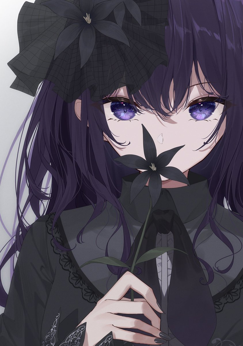 1girl flower solo black flower purple hair black nails looking at viewer  illustration images