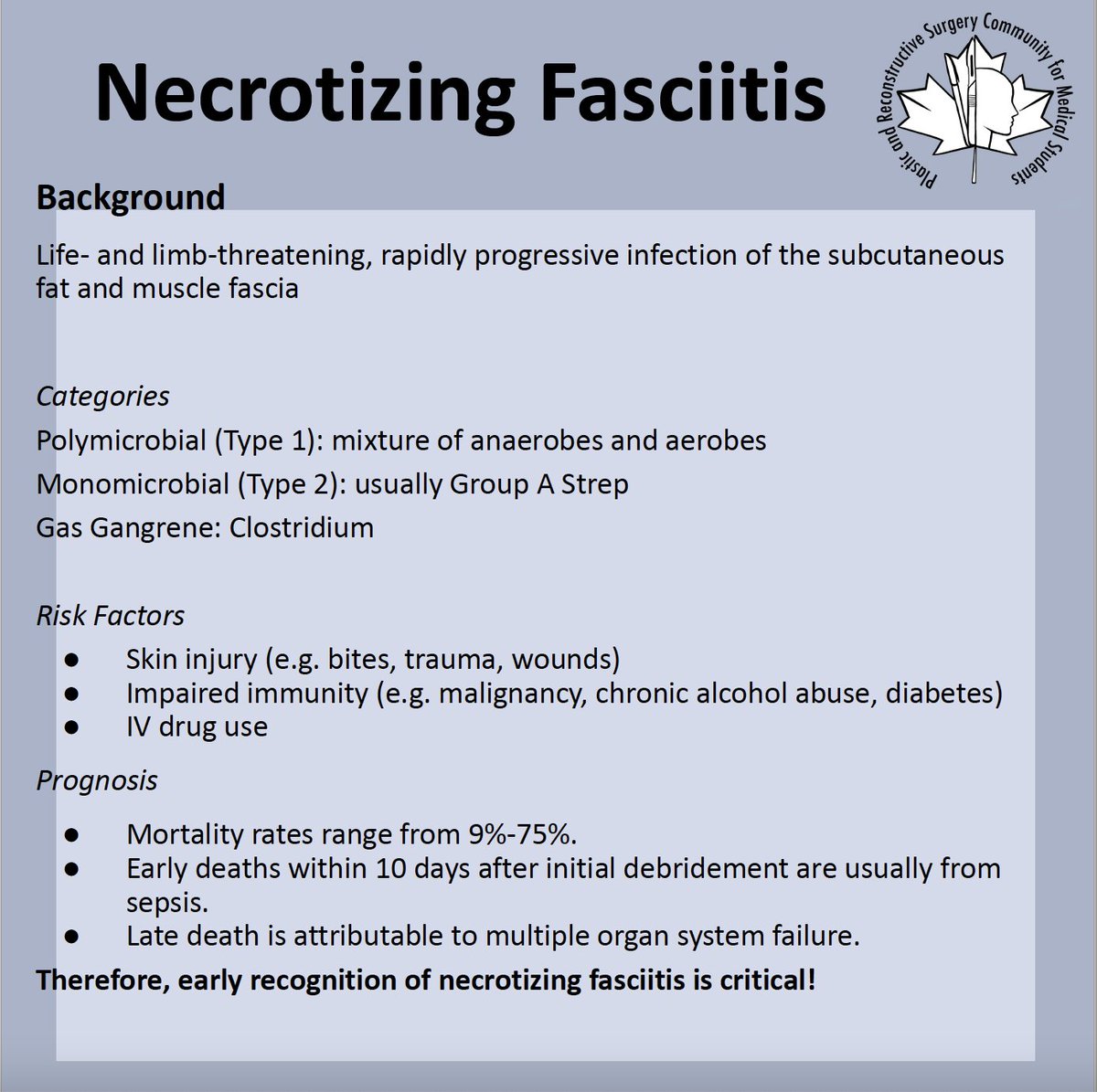 prscommunity's tweet photo. This week’s educational post is all about Necrotizing Fasciitis!!

Thanks to Annie Wu!

If there are any topics you’d like covered, please DM us! https://t.co/cPvTOBK2YX