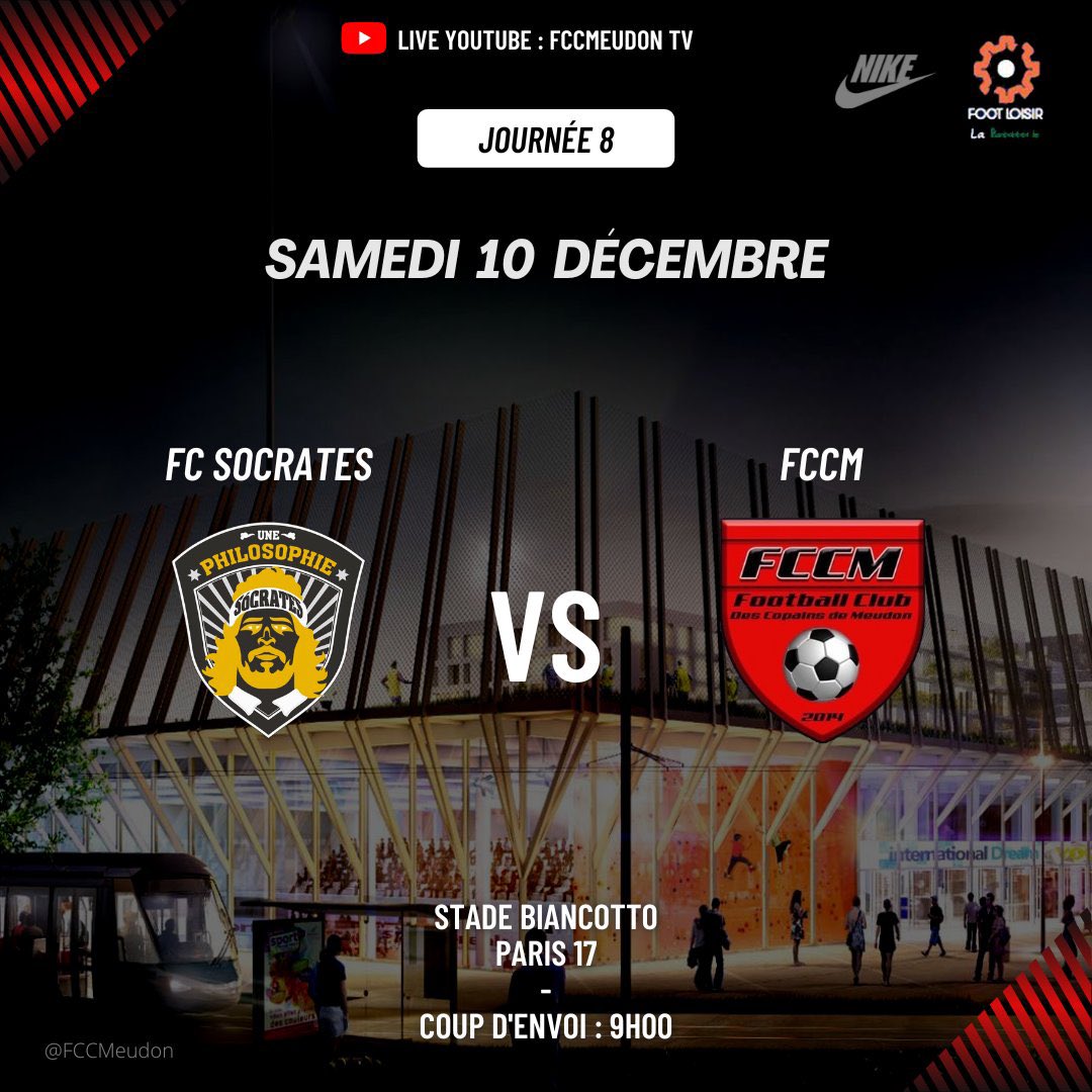 ESMeudon's tweet photo. ‼️ JOURNÉE 8️⃣ ‼️

Dernier match de championnat de l’année 2022. 

#FCSocrates 🆚 @FCCMeudon ⚫️🔴 https://t.co/JxjRZAFV1a