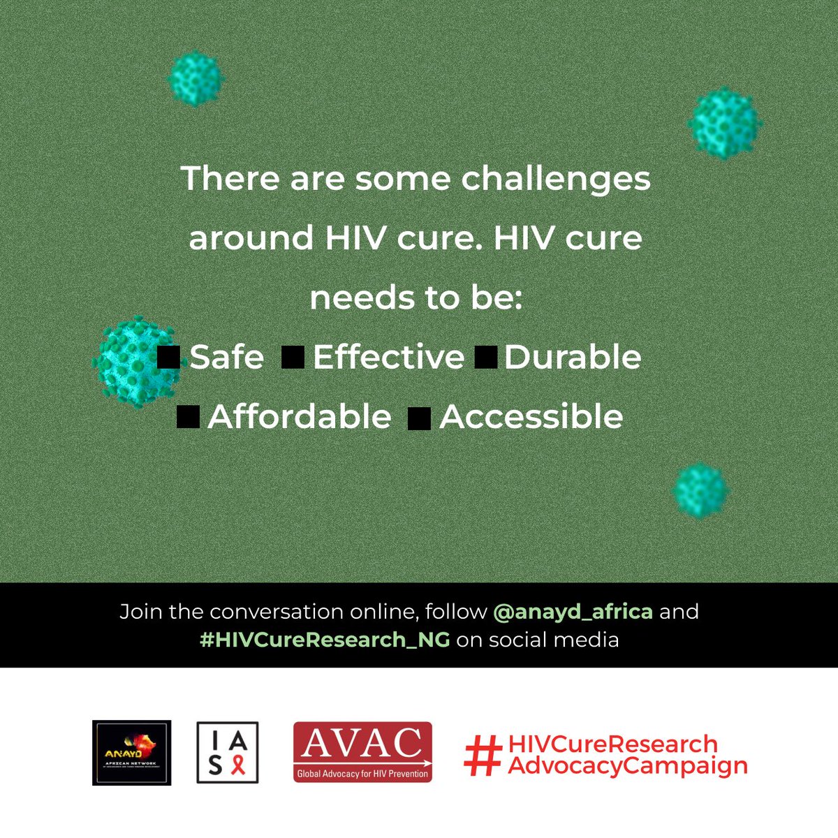 s_ukairo's tweet photo. There are some challenges around HIV cure. HIV cure needs to be:
Safe
Effective
Durable
Affordable 
Accessible
#HIVCureResearch_NG #ANAYD_Africa
@anayd_africa @iasociety @HIVpxresearch @nimrnigeria @aaron4africa @teampata @NACANigeria @APINNigeria @CDC_HIV @UNAIDS https://t.co/fWFZolFgL6