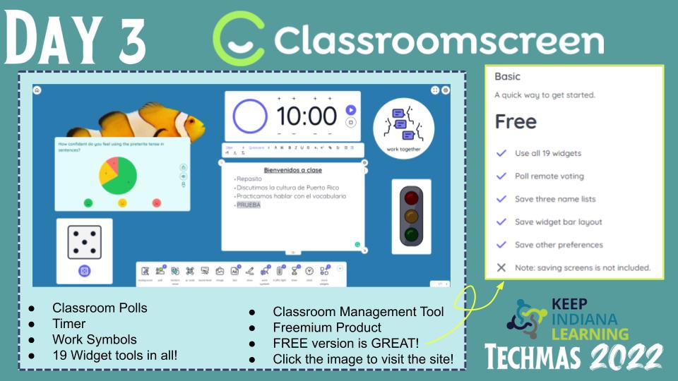 KeepINLearning's tweet image. .@classroomscreen is so many useful tools all in 1 place! Timer. Clock. Noise monitor. Poll. Name generator. Dice. Calendar. And MORE! Free &amp;amp; seconds to setup! #KINLTechmas #KeepINLearning #KeepIndianaMerry docs.google.com/presentation/d…
