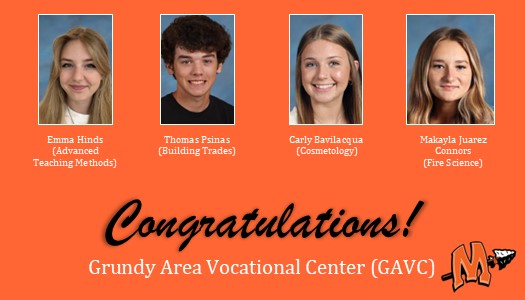 Congratulations to four MCHS students who are taking classes at Grundy Area Vocational Center (GAVC) and were recently presented with Director Awards for their outstanding performance in class for the month of November. We are so proud of them! #mchsproud #MinookaMonday 🧡🖤