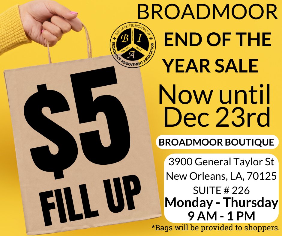 Fill up up a bag with with all the clothing, accessories, shoes you can fit - ALL FOR $5!! Boutique hours are Mon - Thu 9am - 1pm. Appointments are also available by request. Inside the Broadmoor Arts &amp; Wellness Center (3900 General Taylor).