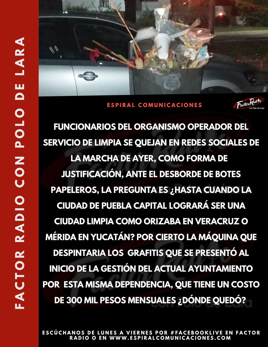 Hoy en temas locales:

🔴<a href="/RCharolet/">Rodolfo Herrera Charolet</a> señala que se ha visto a <a href="/FerMoralesMtz/">Fernando Morales Mtz</a> de #MC visitando oficinas del Ayto, en especial el #OOSL 
🔴<a href="/AriadnaAyala/">Ariadna Ayala</a>, exmilitante priísta se apunta para el 24.
🔴Funcionrios de #LimpiaPuebla se quejan de papeleros llenos en el Centro Histórico.