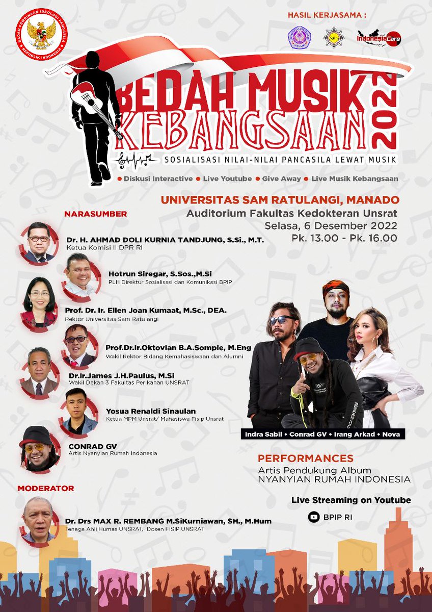 Halo Kota Manado, yuk hadiri Bedah Musik Kebangsaan: Sosialisasi Nilai-nilai Pancasila Lewat Musik di Universitas Sam Ratulangi

Hari/Tanggal : 𝗦𝗲𝗹𝗮𝘀𝗮, 6 𝗗𝗲𝘀𝗲𝗺𝗯𝗲𝗿 2022
Pukul : 12.00 - 16.00 𝗪𝗜𝗕
Lokasi : 𝗔𝘂𝗱𝗶𝘁𝗼𝗿𝗶𝘂𝗺 𝗙𝗮𝗸𝘂𝗹𝘁𝗮𝘀 𝗞𝗲𝗱𝗼𝗸𝘁𝗲𝗿𝗮𝗻