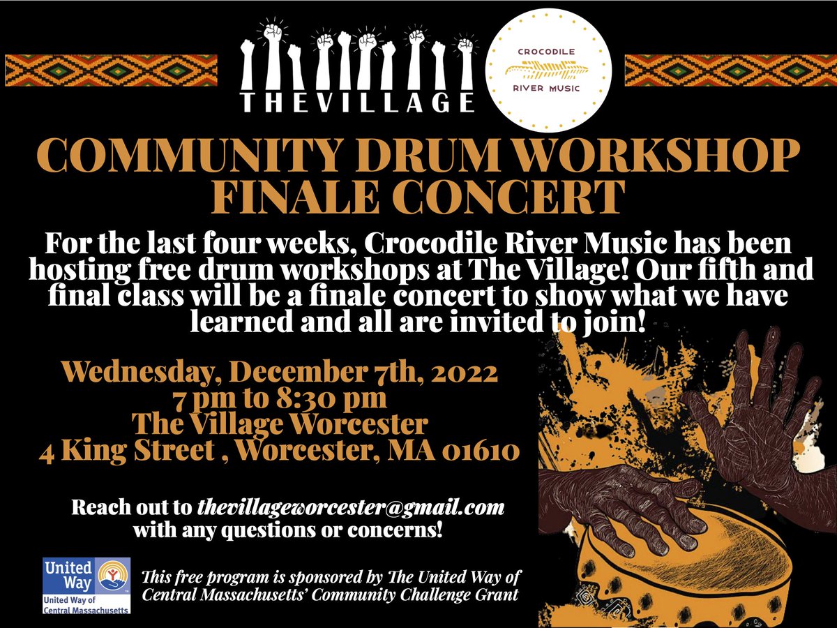 crocrivermusic's tweet photo. Join us this Wednesday at 7 PM at The Village Worcester for a drumming concert open to all! 🙌

Special thanks to @UnitedWayofCM for making this program possible! https://t.co/58J5zsaEIw