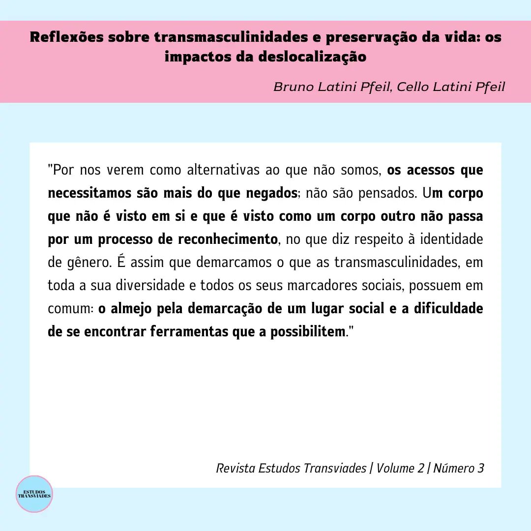 transviades's tweet photo. Diante das recentes discussões em torno do termo "pessoa que menstrua" e do silenciamento das reivindicações de pessoas transmasculinas, separamos alguns artigos/ensaios publicados na Revista Estudos Transviades sobre saberes, vivências, corporalidades e história transmasculina. https://t.co/wKgEHe8kx5