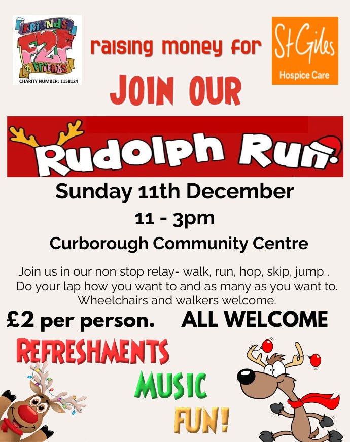 Join us for our Reindeer Run, Sunday 11th December- though we promise it is not running!!  
Raising money for <a href="/StGilesEngage/">Community Development & Engagement</a> <a href="/StGilesHospice/">St Giles Hospice</a>  Drinks and cakes available and free antlers too.   Everyone welcome and only £2 to enter.