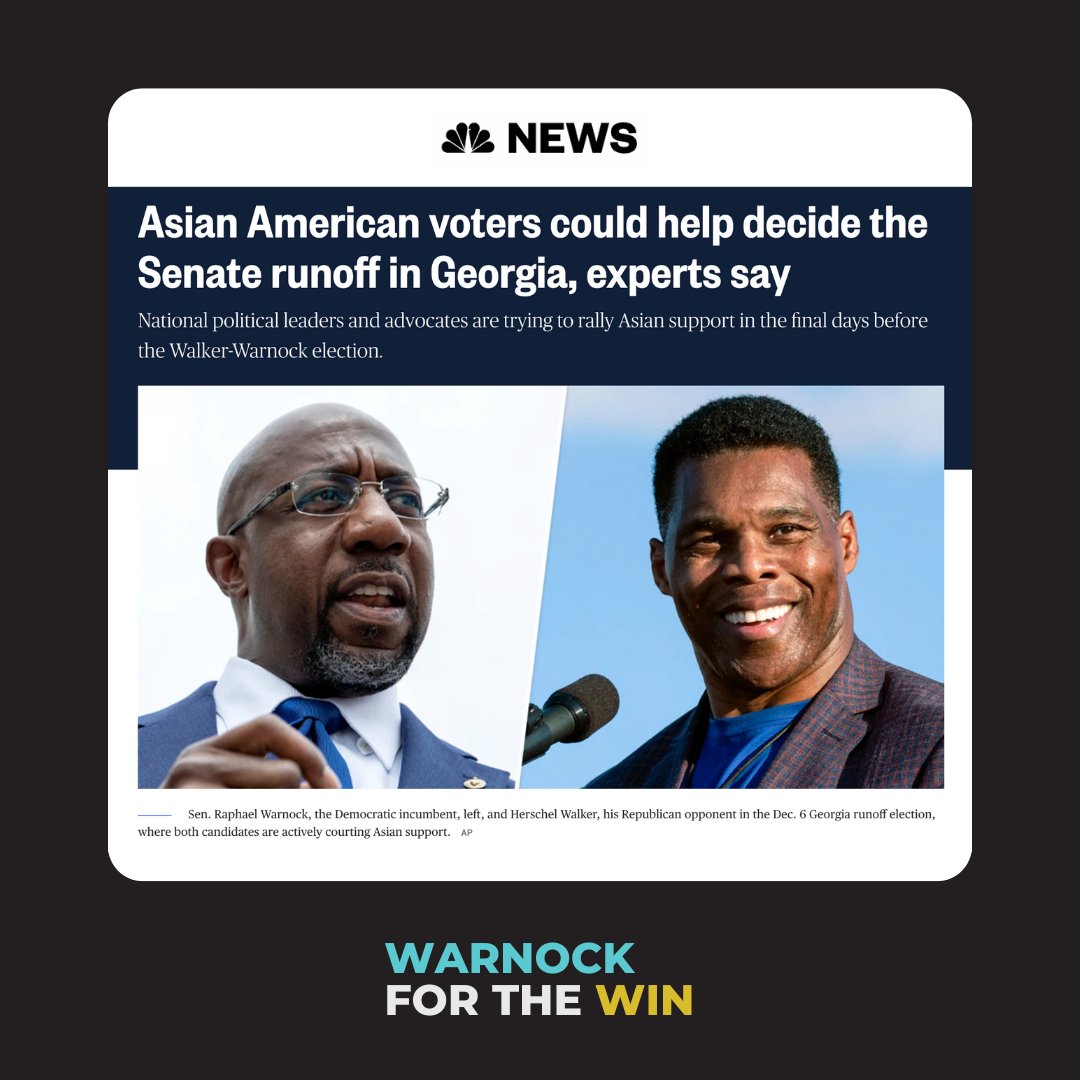 AsianAAF's tweet photo. Asian American and Pacific Islanders can be the margin of victory on Election Day. If all of our families and friends vote on tomorrow like we did in 2020, @ReverendWarnock will win.
#GeorgiaOnMyMind #WarnockFTW #AllEyesOnGeorgia #Runoff2022 #gapol https://t.co/PbbL8gUFZT