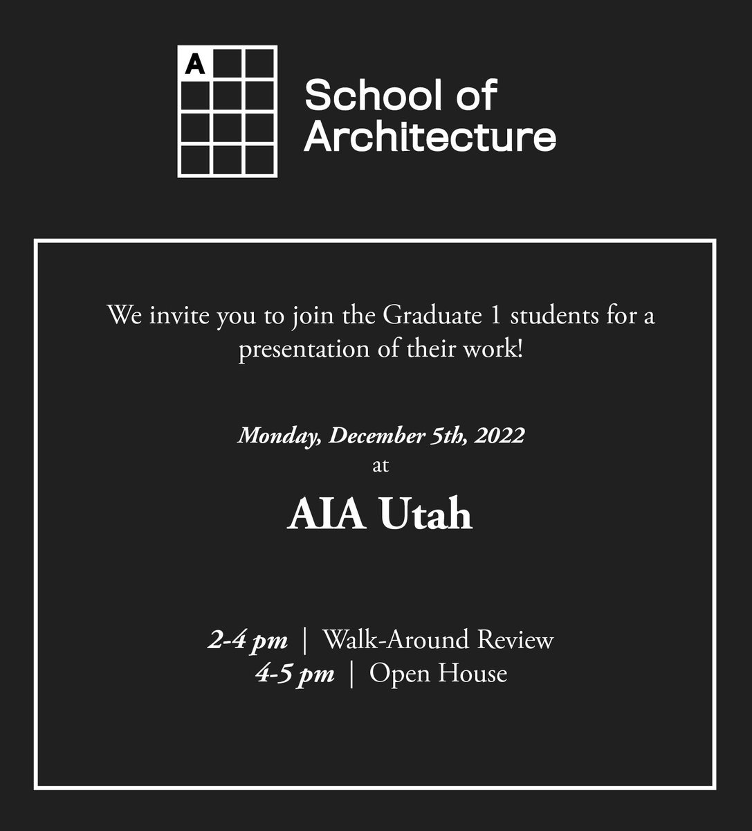 AIA Utah (@aiautah) on Twitter photo Stop by the AIA Utah office today to see a presentation of <a href="/UofUCAP/">U of U College of Architecture + Planning</a> student presentations!
Our office is located at 280 W 400 S., Suite 150, SLC. Stop by the AIA Utah office today to see a presentation of <a href="/UofUCAP/">U of U College of Architecture + Planning</a> student presentations!
Our office is located at 280 W 400 S., Suite 150, SLC.