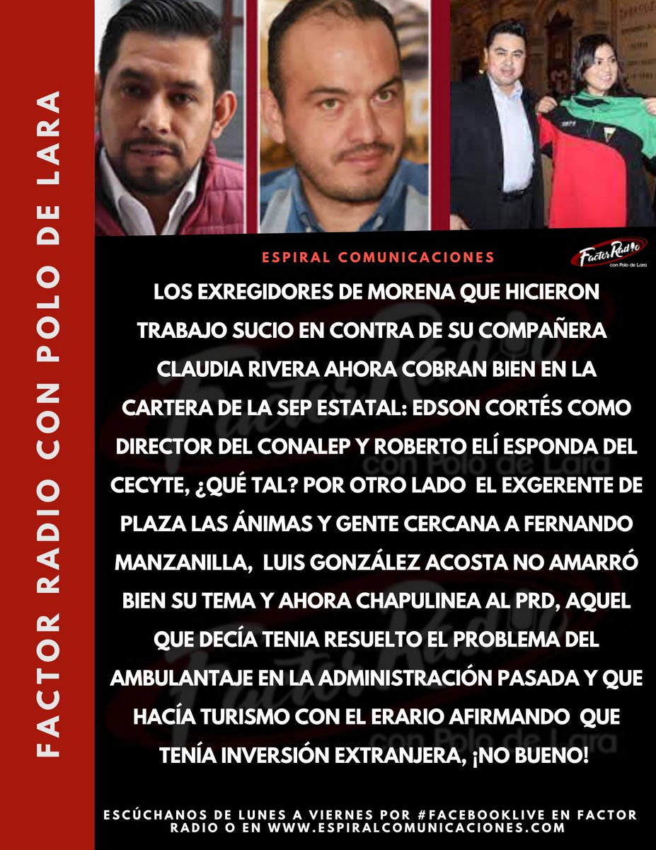 🔴<a href="/NestorCamarillo/">Néstor Camarillo</a> dice que <a href="/eduardorivera01/">Eduardo Rivera Pérez</a> no es su candidato a la gubernatura.
 🔴Los exregidores de #MORENA contrarios a <a href="/RiveraVivanco_/">Claudia Rivera Vivanco</a> reciben posiciones en la #SEP, Elí Esponda va al  #CECyTEC y <a href="/AccEdson/">Edson Cortés</a> al CONALEP.
 🔴 <a href="/salvadorperez70/">Salvador Pérez Xilotl</a> realiza informe de actividades.