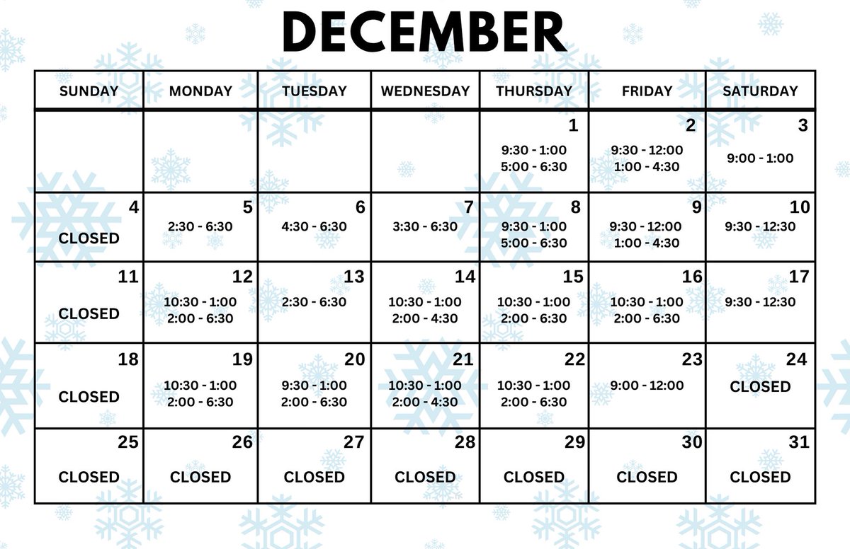 Happy Monday friends! Our hours are changing for December to reflect the holiday break. You can also view this schedule on our website as well!