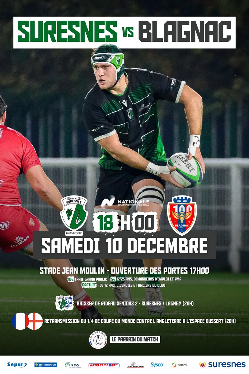 [ MATCH À DOMICILE 🏟 ] 

Chers suresnois, encore un grand rendez-vous pour nos joueurs ce week-end ! 

Blagnac Rugby, figurant à la 5ème place, se présente au Mont-Valérien. 

Venez pousser derrière nos verts et noirs. Il faut terminer la phase aller sur une bonne note !